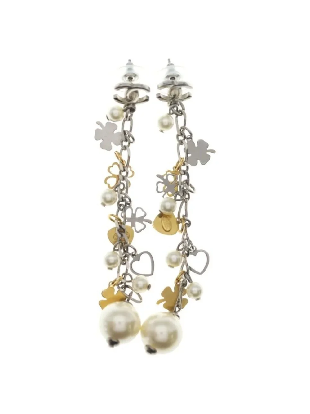 Chanel CC Logo Clover Heart Motif Faux Pearl Earrings Silver Gold
